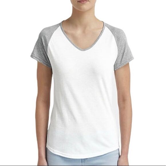 Anvil Women’s Tri-Blend Raglan Tee Shirt White & Heather Gray Size Medium - Picture 1 of 5